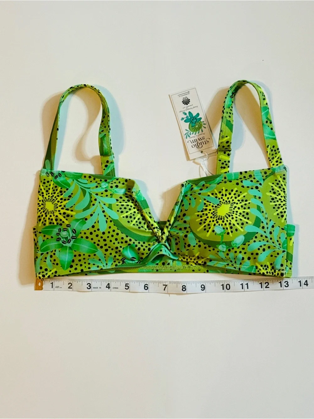 Studio Swim Kiwi Elba Bikini Top Green Tropical V Cut Notch Large NWT